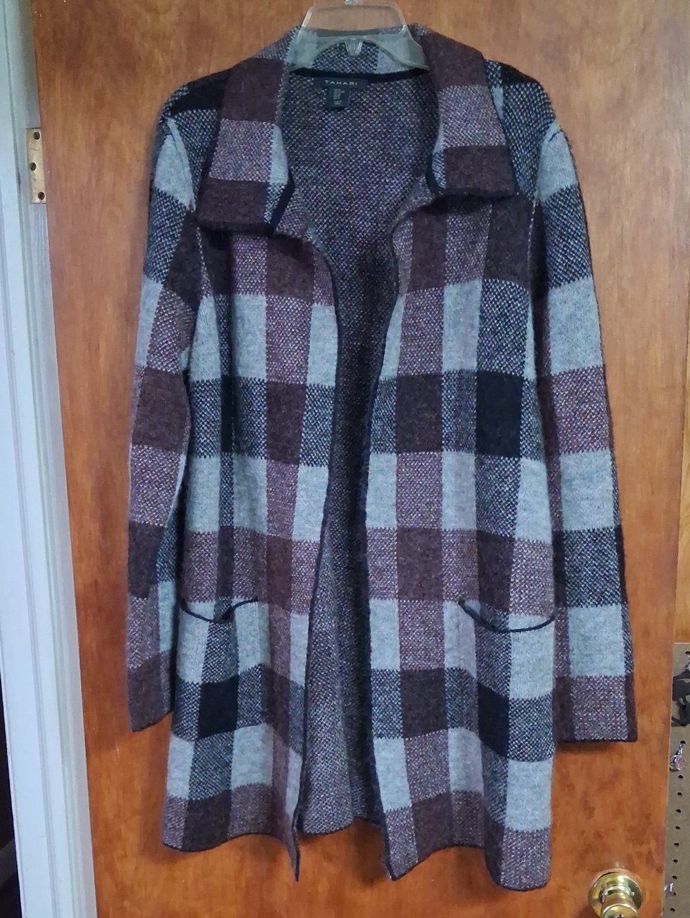 Tahari Plum and Gray Plaid Open Cardigan Coatigan